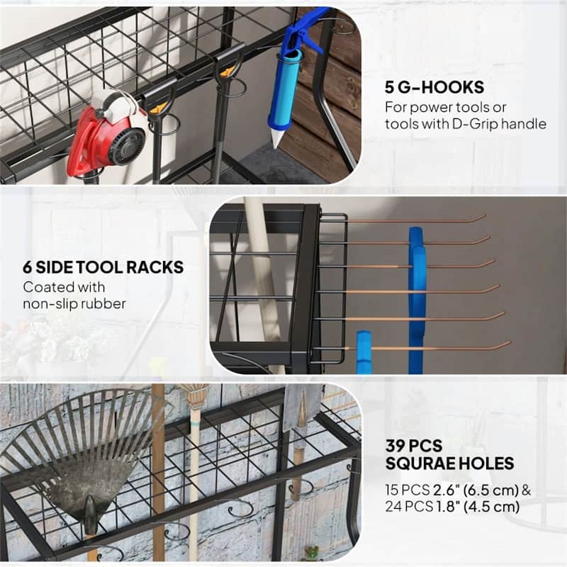 3 Tier Garden Tool Storage Rack Metal Organizer with Hooks and Shelves for Indoor and Outdoor Use - 33.1" L x 20.9" W x 28.7" H