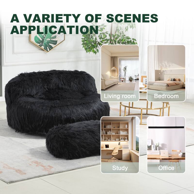Plush Upholstered Round Comfort Lounger Bean Bag Chair with Ottoman