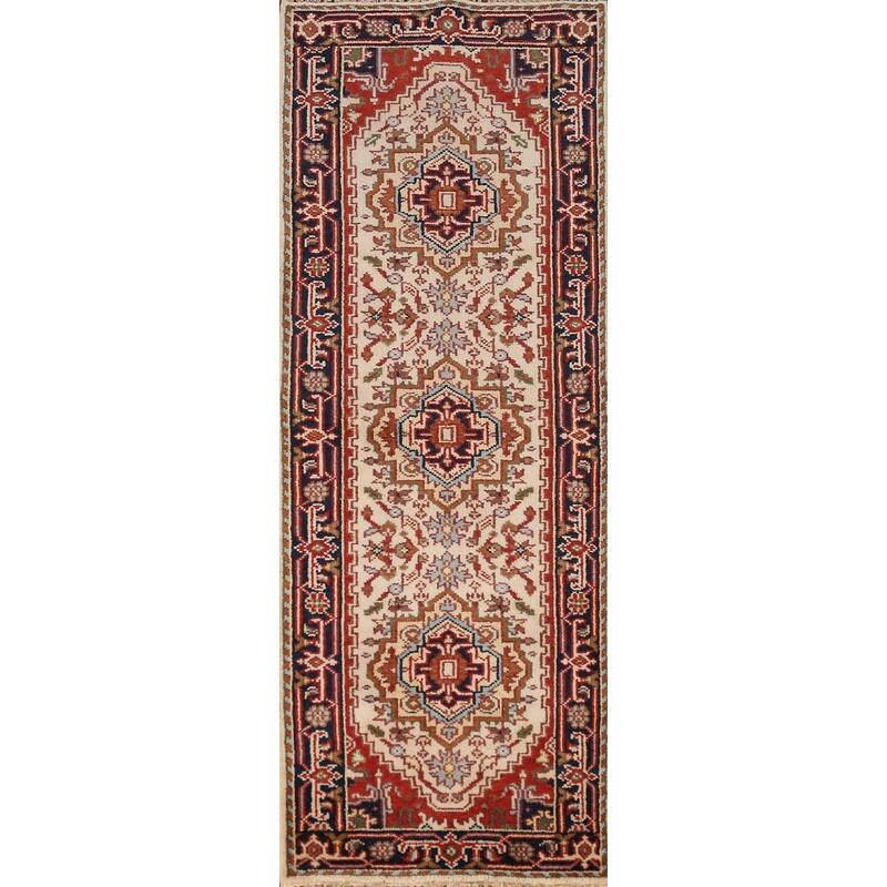 Ivory Heriz Serapi Indian Runner Rug Handmade Wool Carpet - 2'6" x 8'0"