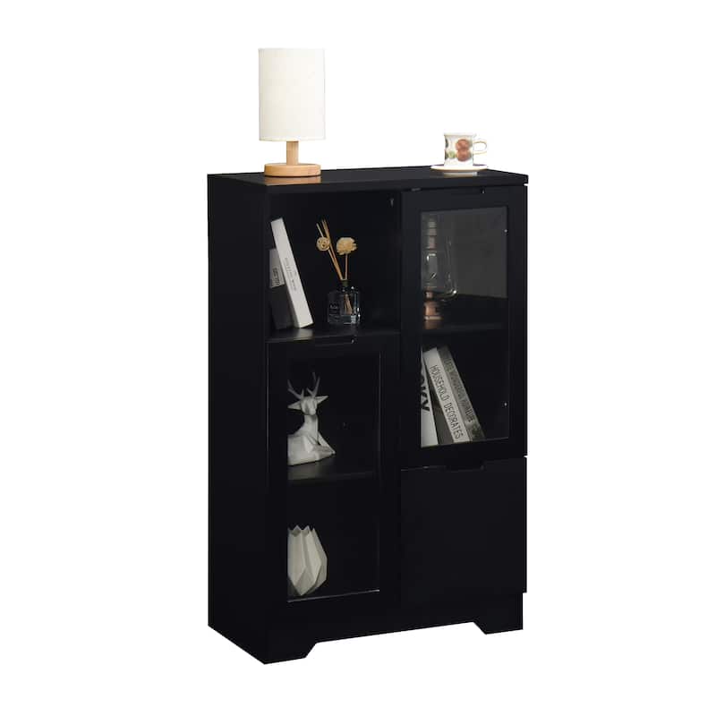 Black Multipurpose Storage Cabinet with Glass Doors Adjustable Shelf Drawer Kitchen Home Office Organizer - N/A