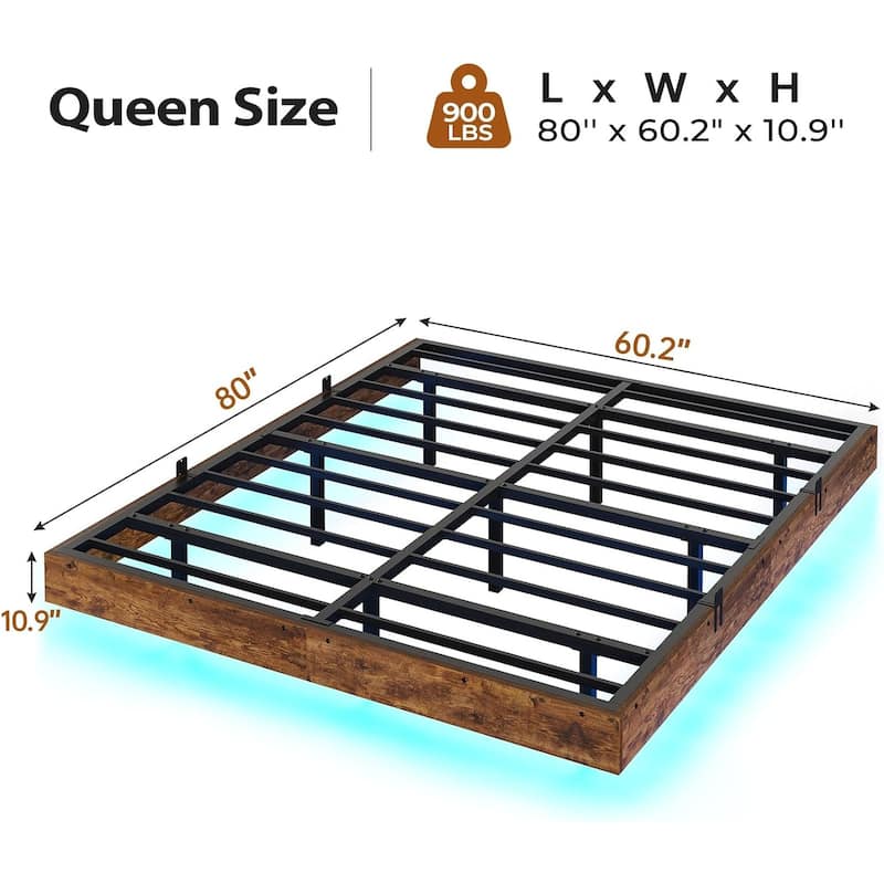 Bed Frame Floating LED Lights Industrial Wooden Metal Platform Bed