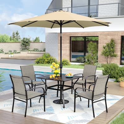 MAISON ARTS 6-Piece Patio Dining Set, 37 Inch Square Metal Table and 4 Textilene Dining Chairs with 9ft Patio Umbrella