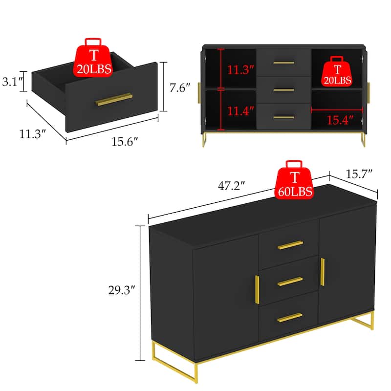 47" Buffet Credenza with Double Doors and 3 Drawers - 47.2"L