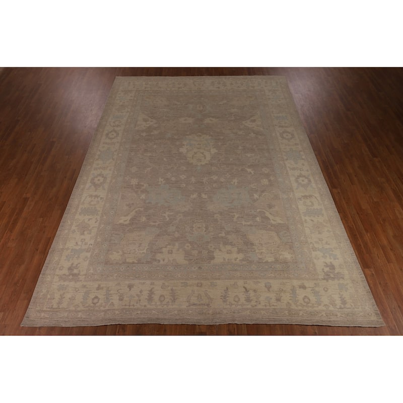 Vegetable Dye Oushak Turkish Large Area Rug Handmade Beige Wool Carpet - 9'9"x 13'6"