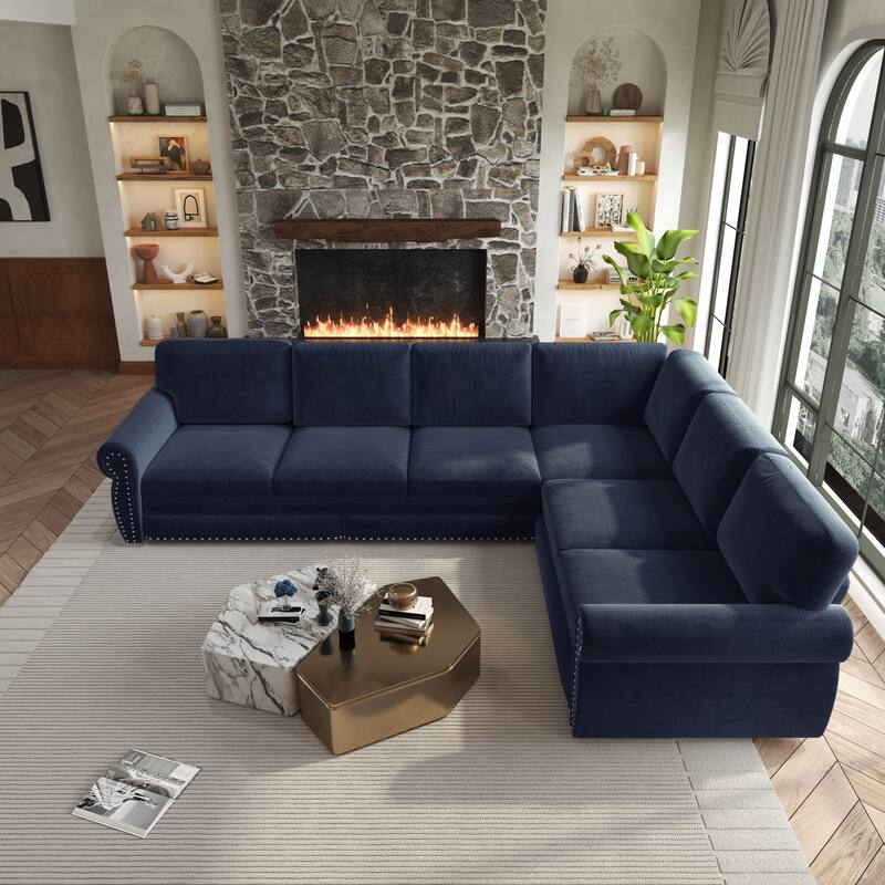 L-Shaped Sectional Sofa with Pull-Out Bed, Oversize Convertible Sleeper Sofa with Rolled Arms, Chenille Upholstery