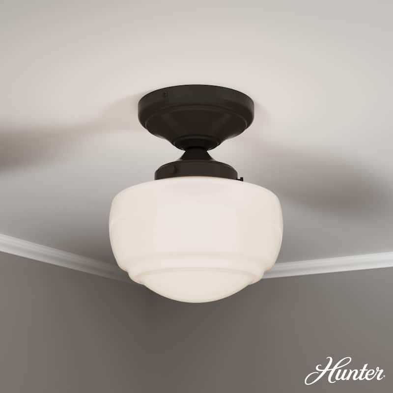 Hunter Saddle Creek 1 Light Contemporary Schoolhouse Flush Mount Ceiling Light - Bathroom, Hallway, Bedroom, Entry - Damp Rated! - Noble Bronze-White Glass