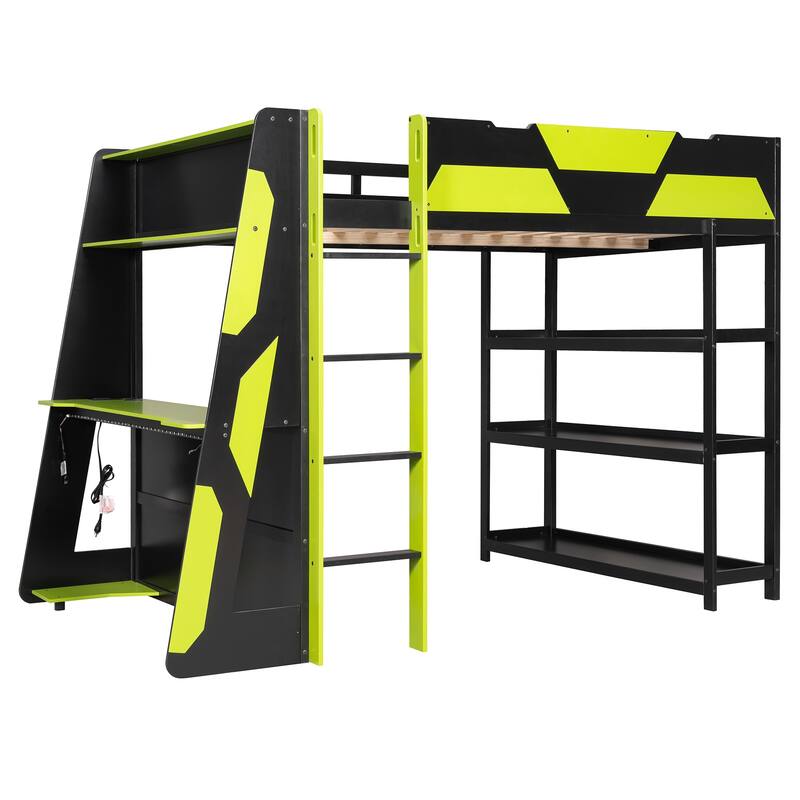 Full Size Gaming Loft Bed Station with Desk, Storage Shelves & RGB LED Lights