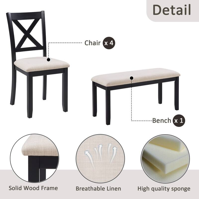 Modern 6-piece Wooden Dining Table Set with Bench and 4 Chairs