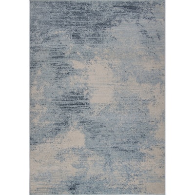 Blue Ivory Abstract Rustic Area Rug Tapis Living Room