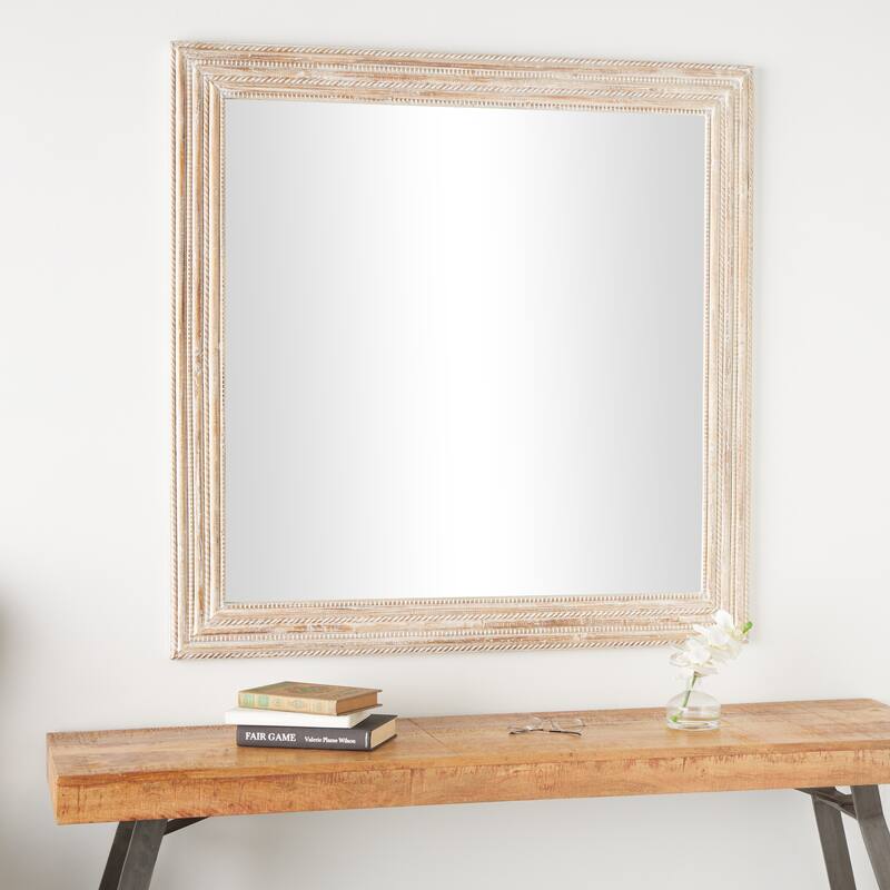 Cream Mango Wood Handmade Room Wall Mirror with Ribbed Edged Frame - 44"W, 44"H - 44"W, 44"H - Cream