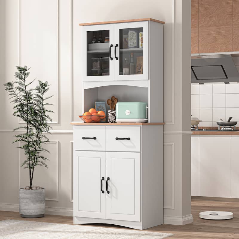 Anmytek White Wooden Kitchen Pantry Cabinet with Microwave Stand, Framed Glass Doors, Drawers & Storage Shelves