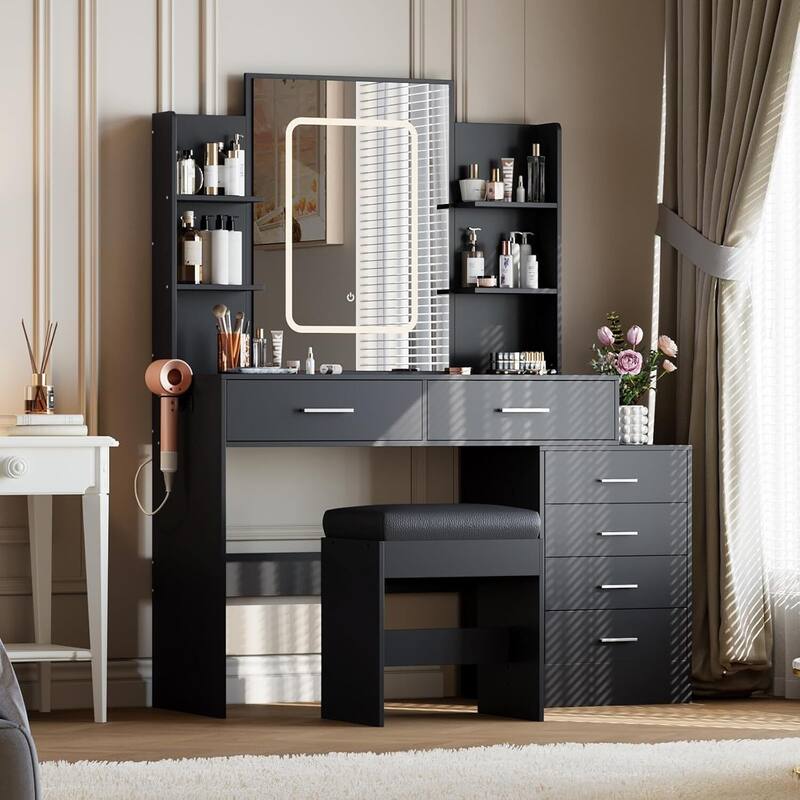 6 Drawers Makeup Vanity Desk, Dressing Table with Lighted Mirror