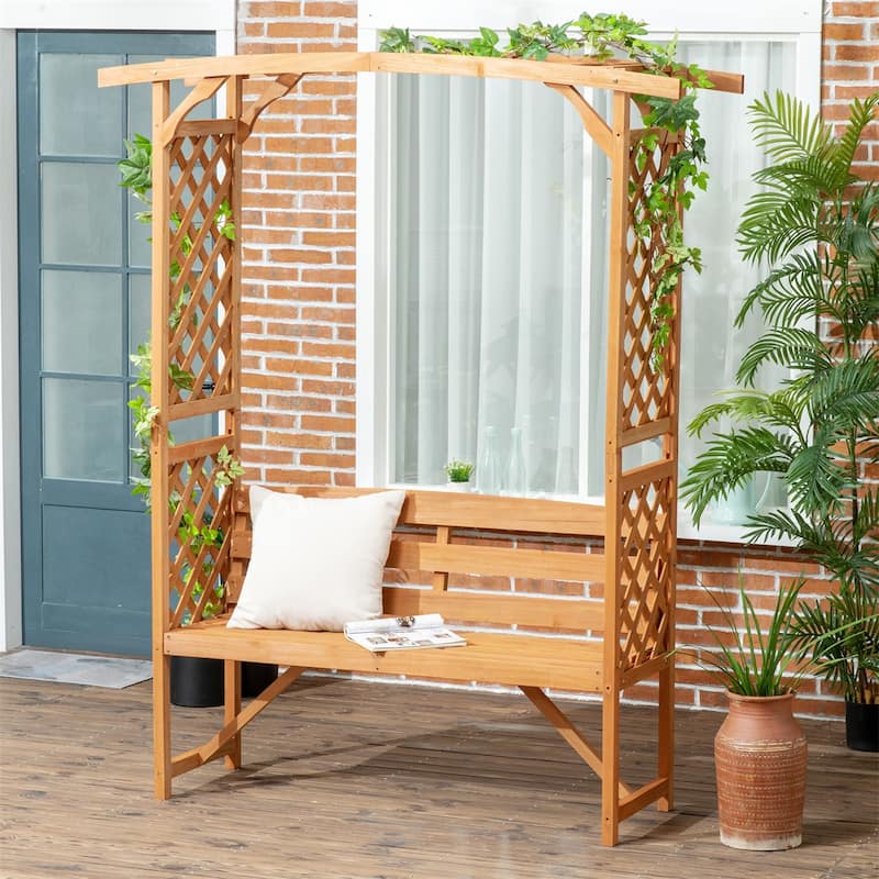 Fir Wood Arbor Arch Garden Bench with Trellis Pergola - 63" W x 19.75" D x 78" H