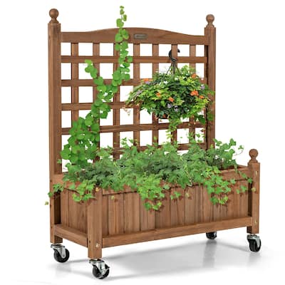 Gymax 32in Wood Planter Box w/Trellis Mobile Raised Bed for Climbing - 25'' x 11'' x 32.5''