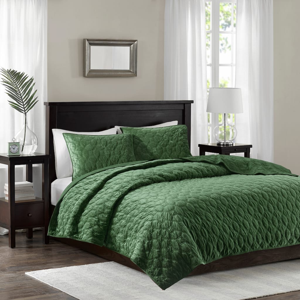 3 Piece Velvet Quilt Set Green Full Queen