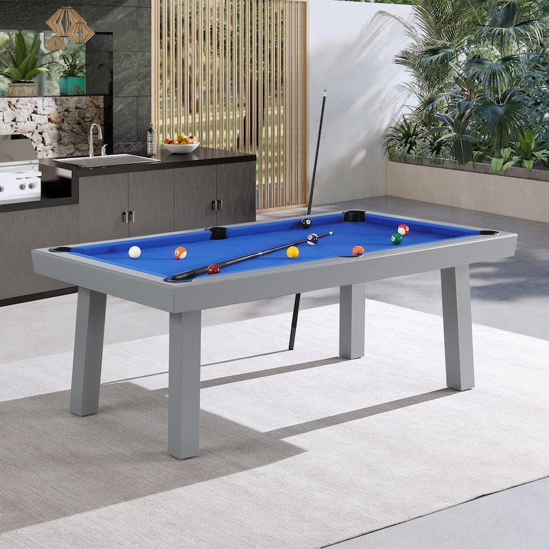 Norwalk Indoor/Outdoor 8ft Slate Pool Table Dining Set with 2 Benches & Accessories, Cement Finish
