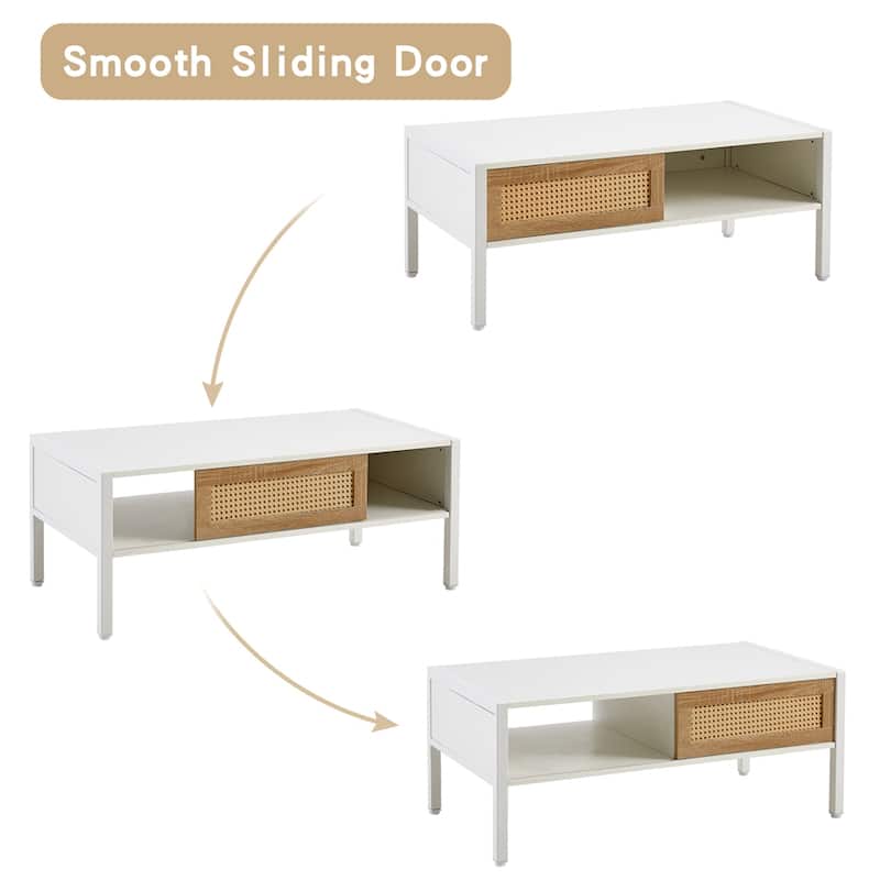 Rattan Storage Coffee Table with Sliding Door and Metal Legs
