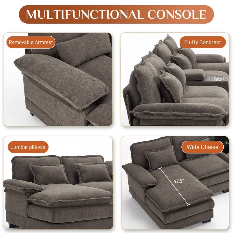 U-shaped Sectional Sofa Chenille Fabric Doudle Layer Cushion with USB Central Console