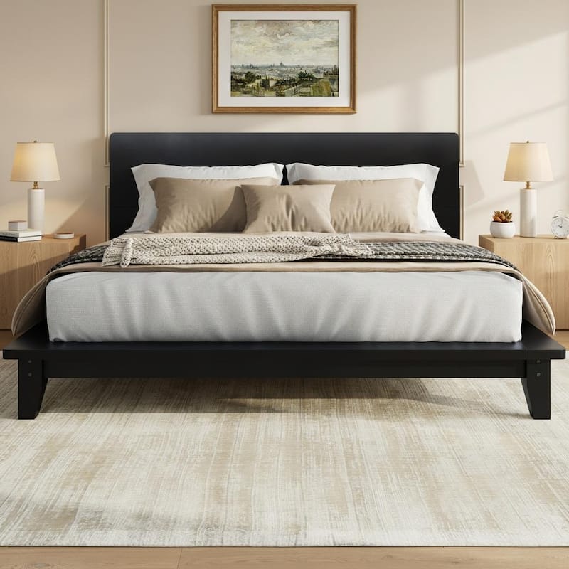Minimalist Wood Platform Bed Frame with Headboard by Harper&Bright Designs - Black - Full