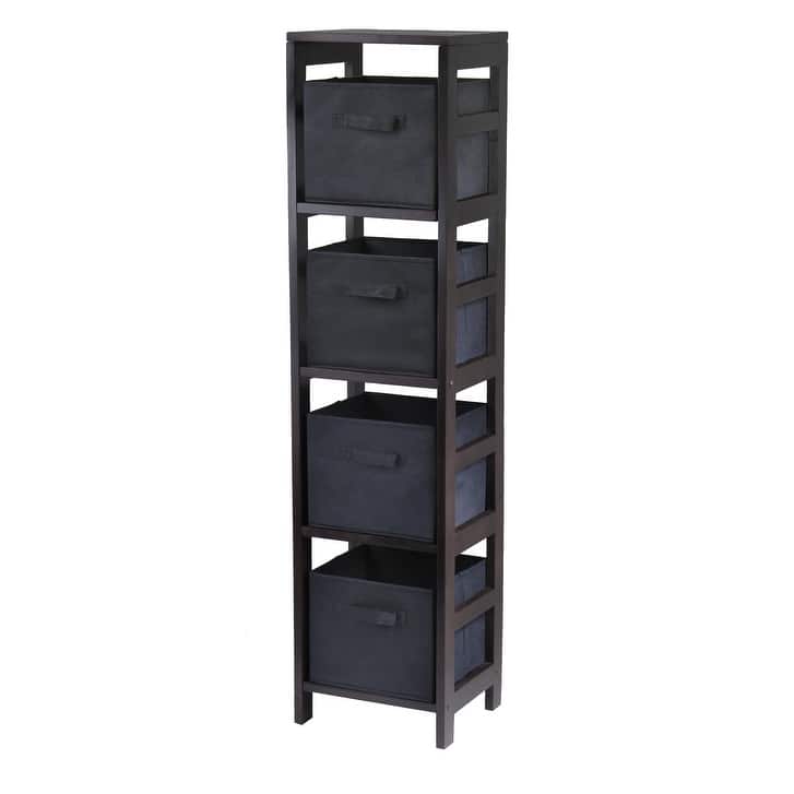 Capri 5-Pc Narrow Storage Shelf with 4 Foldable Fabric Baskets, Espresso and Black - 13.39 x 11.22 x 54.8 inches