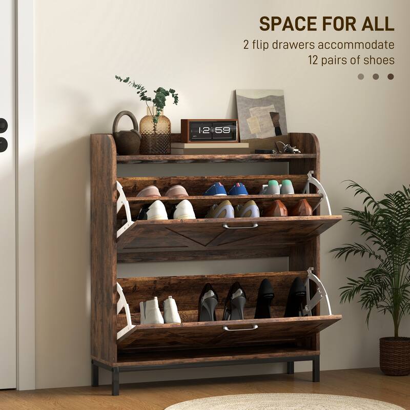 12-Pair Space-Saving Shoe Storage Cabinet with Adjustable Dividers and Flip Drawers Anti-Tip - 29.5" W x 9.4" D x 37" H