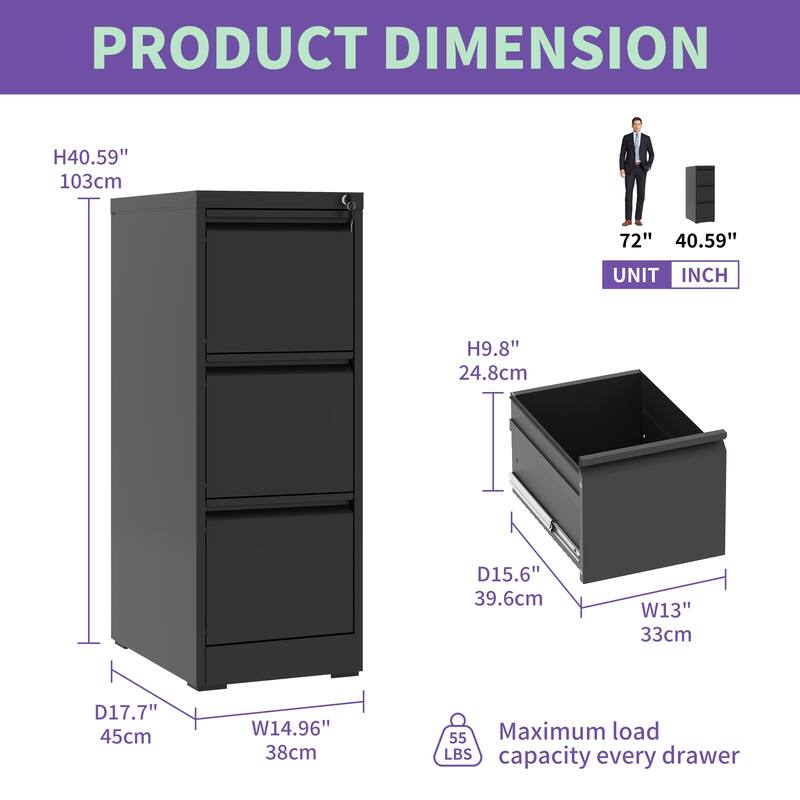 3 Drawer Metal Vertical File Cabinet with Lock Office Home Steel Vertical File Cabinet for A4 Legal/Letter Size - Black