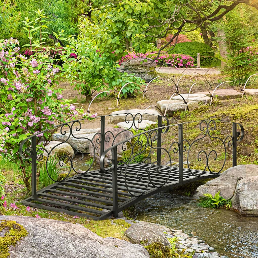 Outsunny 6FT Classic Garden Bridge with Safety Railings Steel Arc Footbridge Decorative Pond Bridge for Backyard Creek Stream
