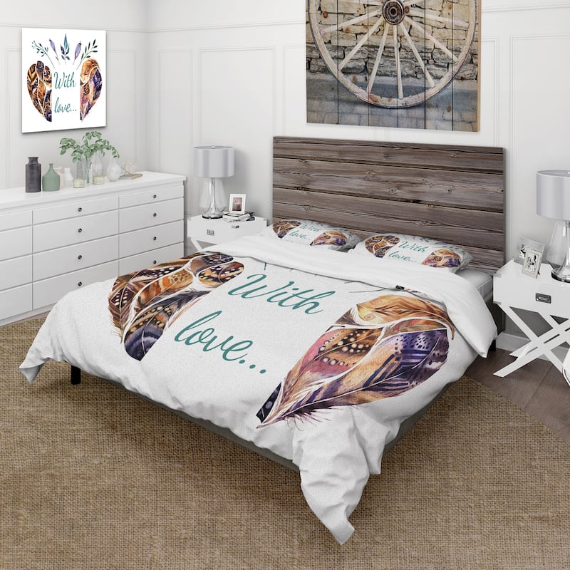 Designart 'Hearted Shaped Valentine Feathers' Traditional Duvet Cover Set