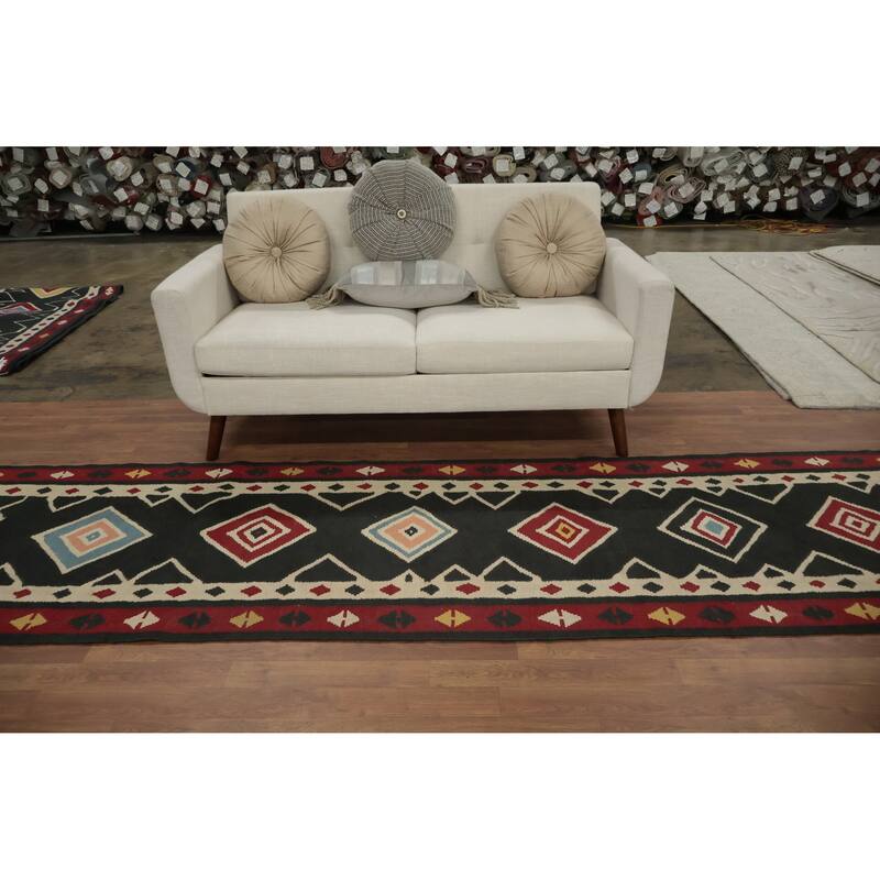 Hand Woven Oriental 100% Wool Carpet Southwestern Tribal Black Kilim Runner Rug - 14' 9'' X 3' 0''
