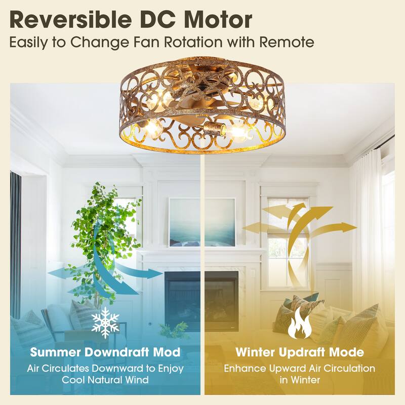18-inch Rustic Gold Metal Caged Flush Low Profile Celing Fan with Remote and APP Control