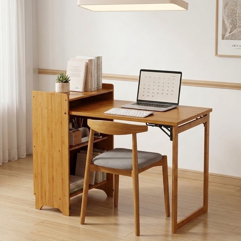 Bamboo Folding Desk, Foldable Desk for Small Space, Computer Desk with Hidden Storage, Mid Century Foldable Table