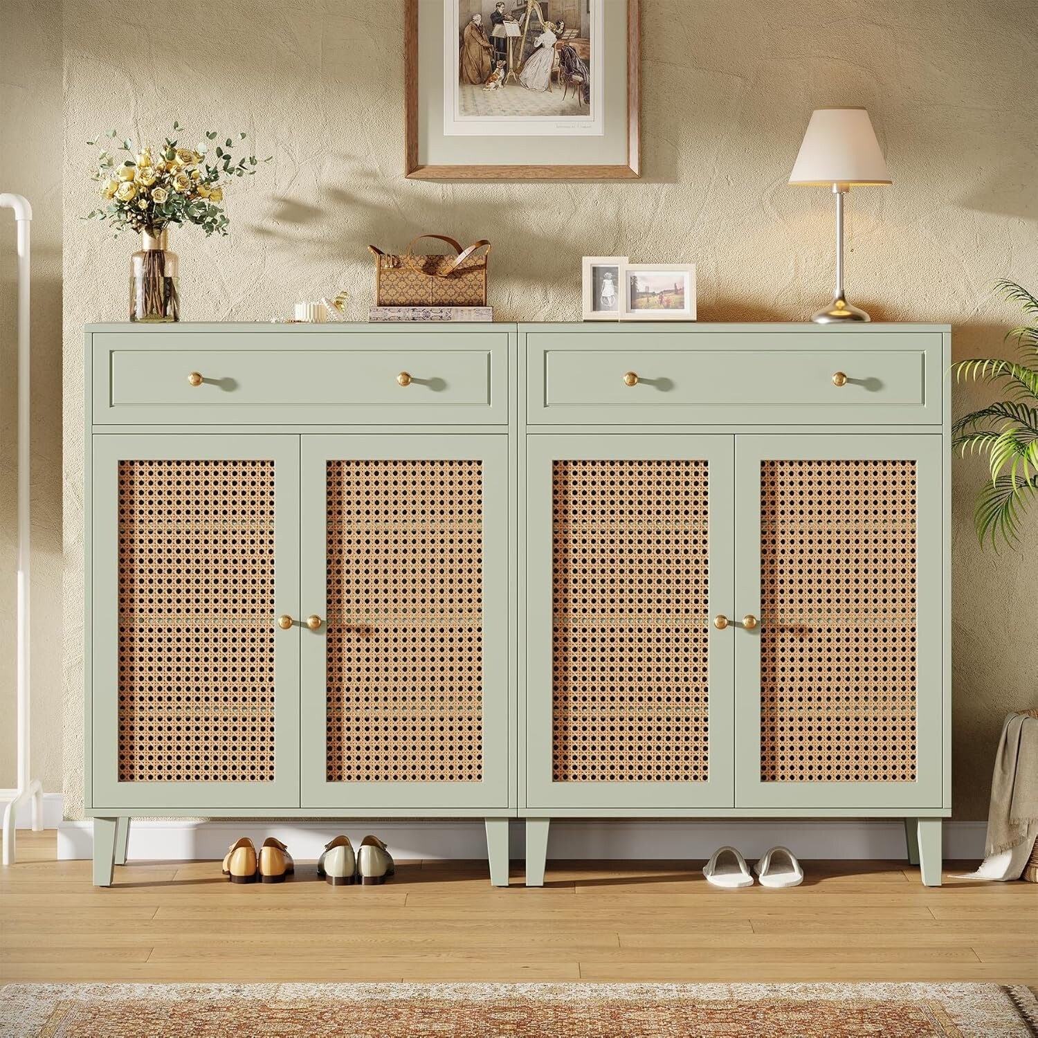 Shoe Cabinet with Doors and Drawer, Modern Rattan Shoe Storage