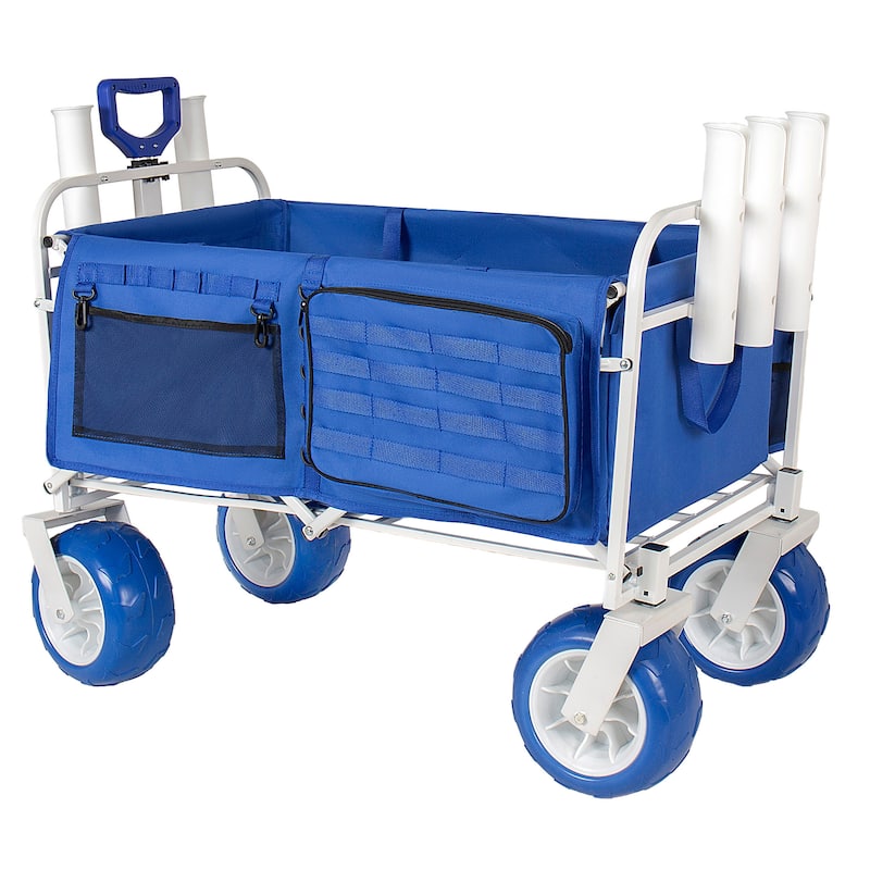 Beach Wagon Cart with Rod Holders and 9" All-Terrain Wheels, 500lbs Heavy Duty Collapsible Folding Wagon, Adjustable Handle