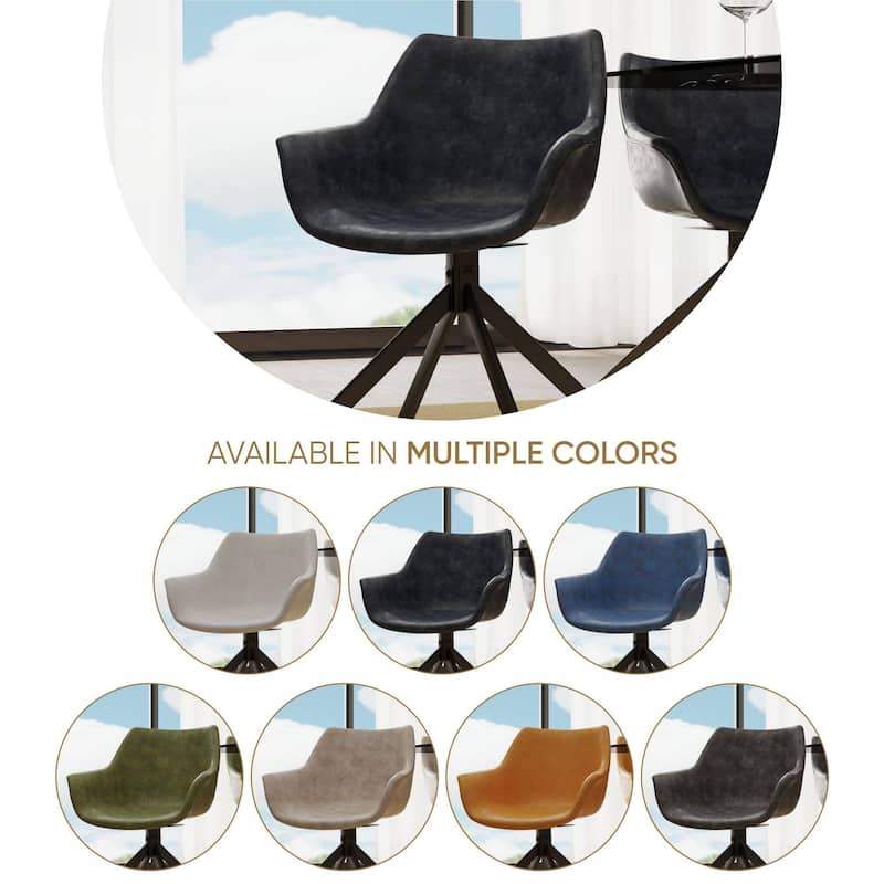 Markley Modern Swivel Dining Chair with Distressed Leather Upholstery, Ergonomic Back, and Black Metal Legs for Home or Office