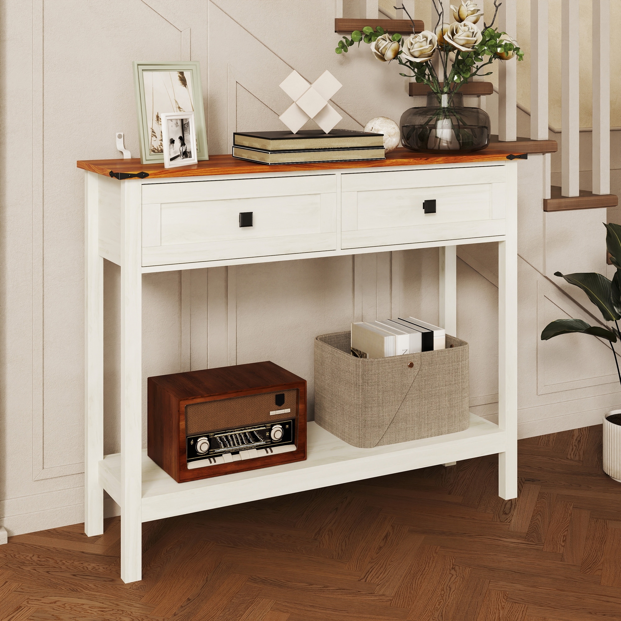 Farmhouse Console Table with 2 Drawers and Bottom Storage Shelf