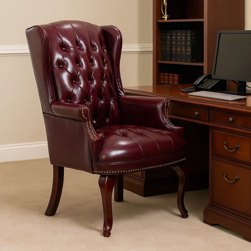 Saily Guest Armchair, Traditional Wingback, Mahogany, Burgundy Vinyl