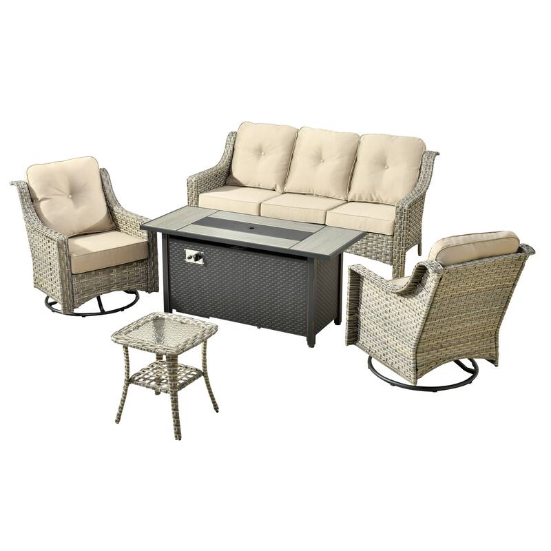 HOOOWOOO 5-piece Rattan Outdoor Patio High Back Swivel Chair Set with 54"Fire Pit