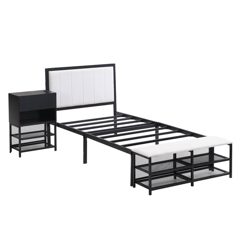 Twin Size Metal Platform Bed Frame with Two-Tier Storage Shelves and Wooden Cabinet, Sleek and Functional for Bedroom