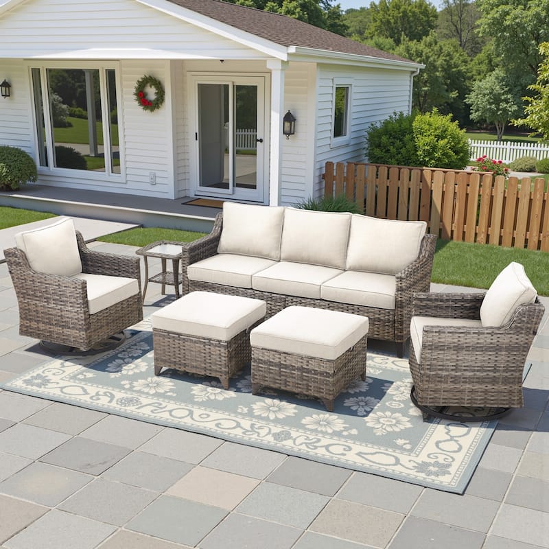 Glissia 6-Piece Gray Wicker Patio Conversation Set with Swivel Gliders and Ottomans - Beige Cushions - Gray Wicker