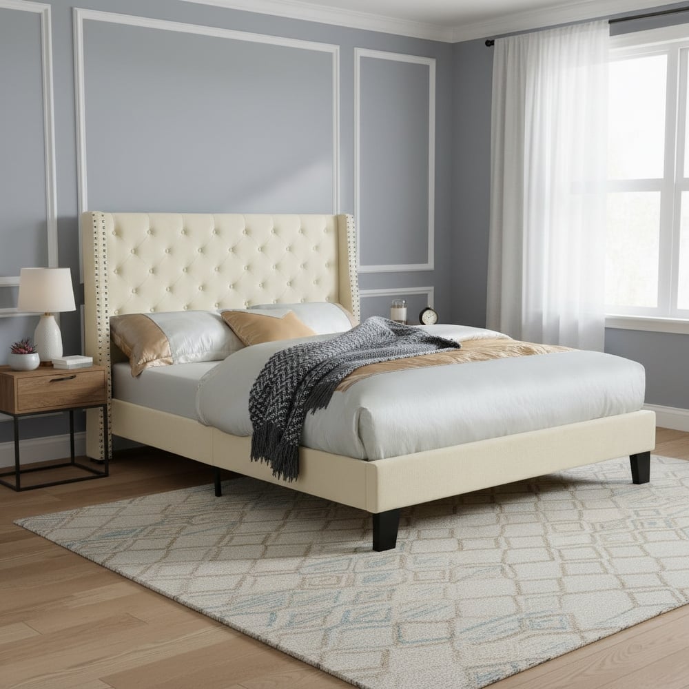 Mid-Century Tufted Platform Bed with Nailhead Trim