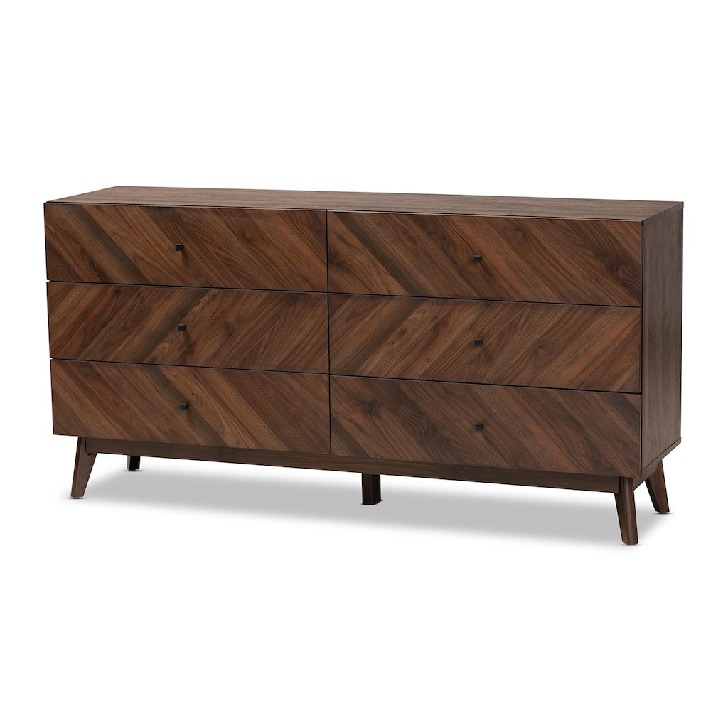 Mid-Century Walnut Brown 6-Drawer Dresser with Tapered Legs, Smooth Glide Drawers, and Sleek Retro Modern Style