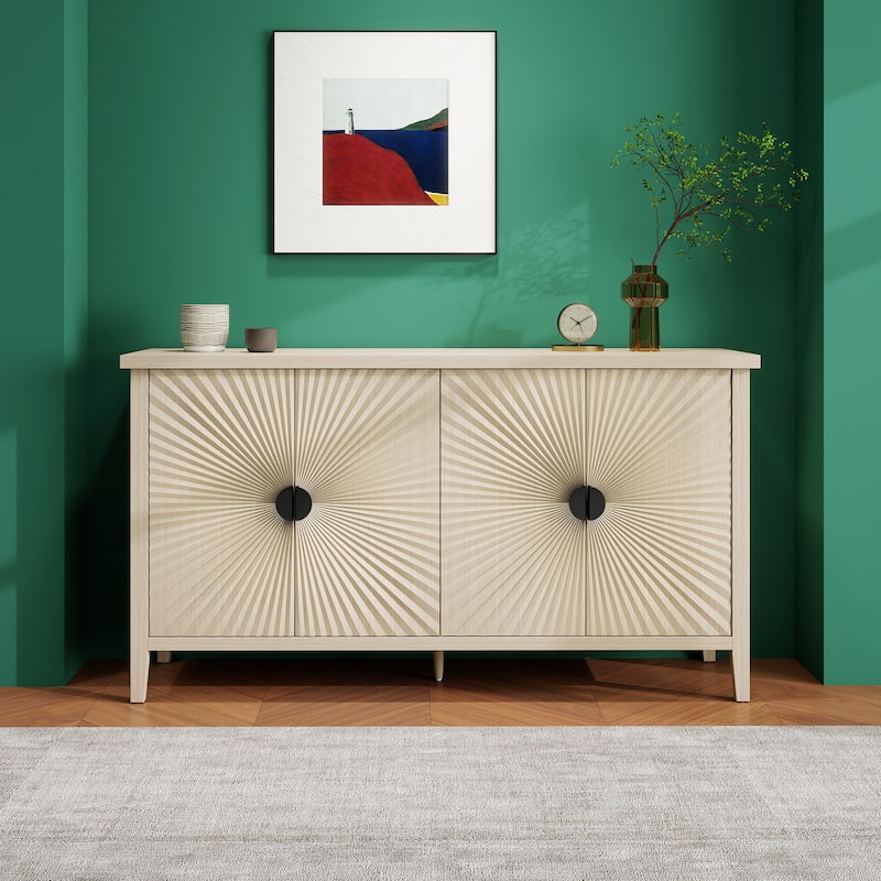 Roomfitters Modern 4 Door Sideboard, Buffet Cabinet with Carved Storage, Coffee Bar Cabinet with Adjustable Shelf, Natural
