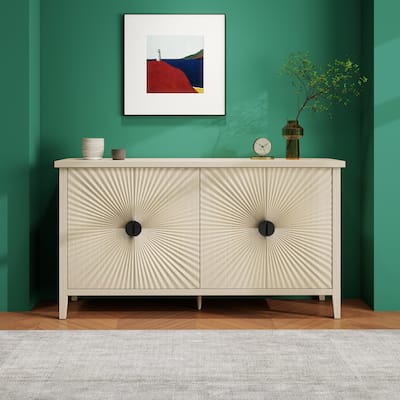 Roomfitters Modern 4 Door Sideboard, Buffet Cabinet with Carved Storage, Coffee Bar Cabinet with Adjustable Shelf, Natural