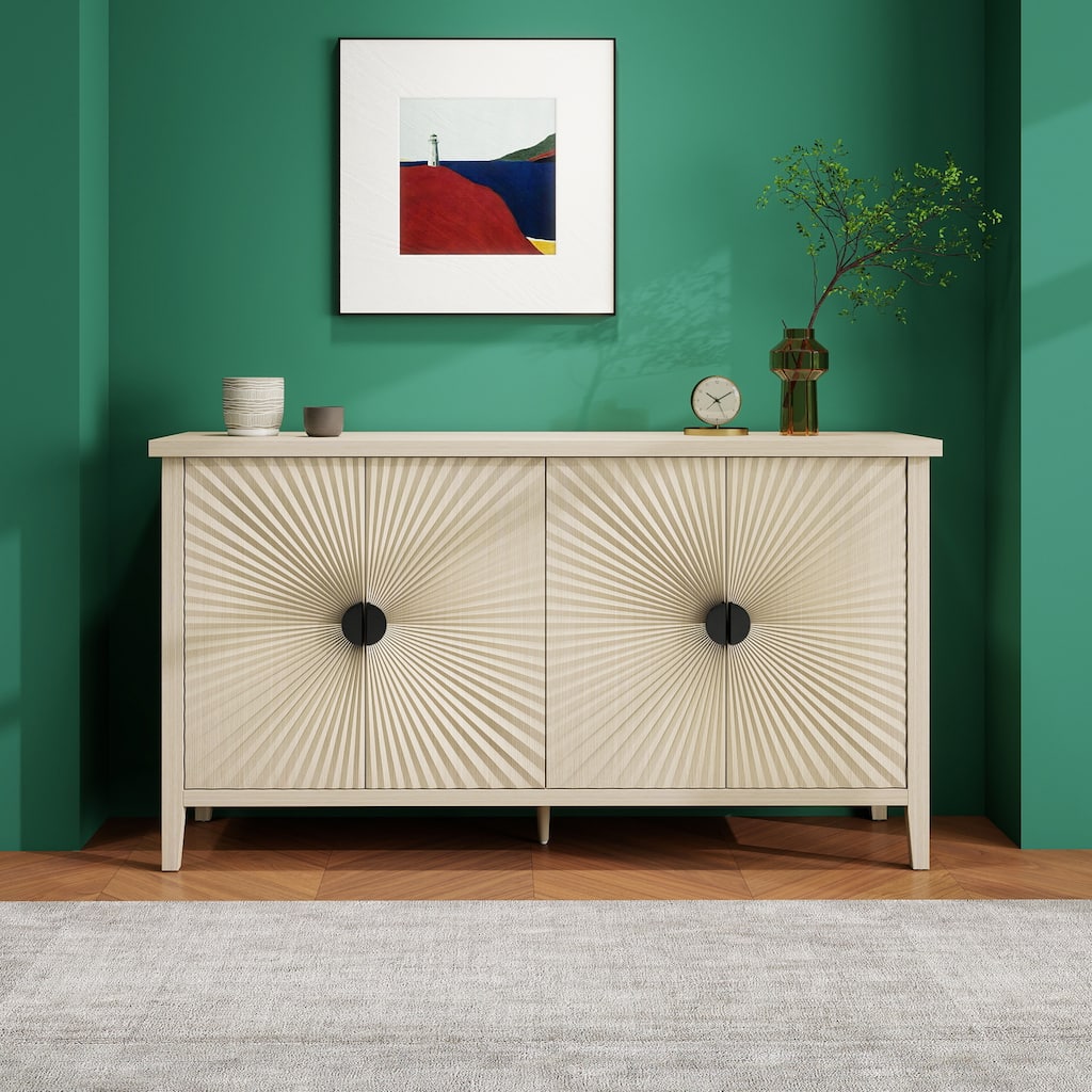 Roomfitters Modern 4 Door Sideboard, Buffet Cabinet with Carved Storage, Coffee Bar Cabinet with Adjustable Shelf, Natural
