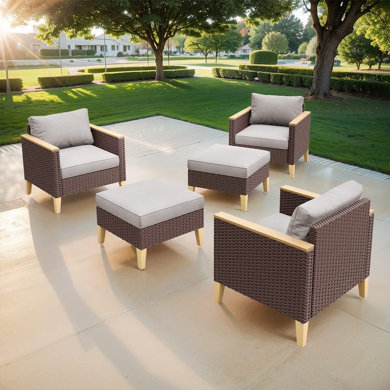5 Pieces Wicker Patio Chair with Ottoman Set - Beige - Brown