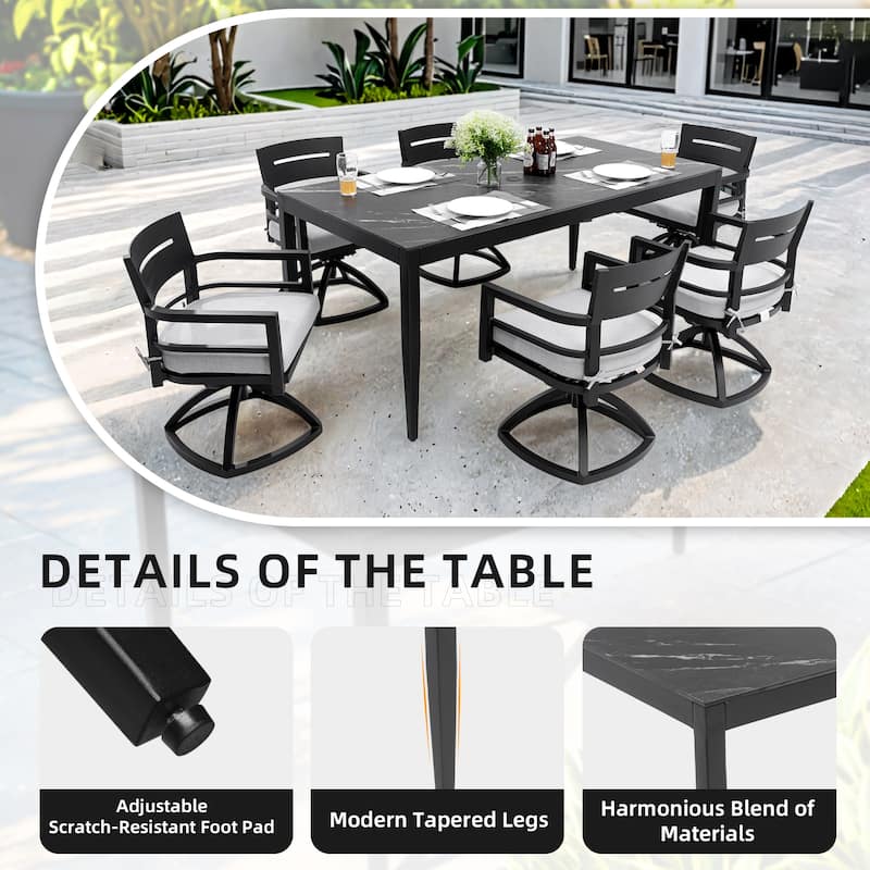 7-Piece Outdoor Patio Aluminum Dining Set with Marble-pattern Tabletop, 6 Swivel Rocker Chairs, and Umbrella Hole