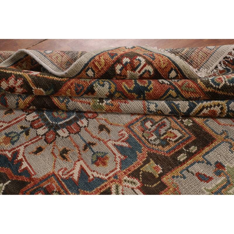 Geometric Heriz Serapi Indian Area Rug Hand-Knotted Grey Wool Carpet - 7'9"x 9'11"