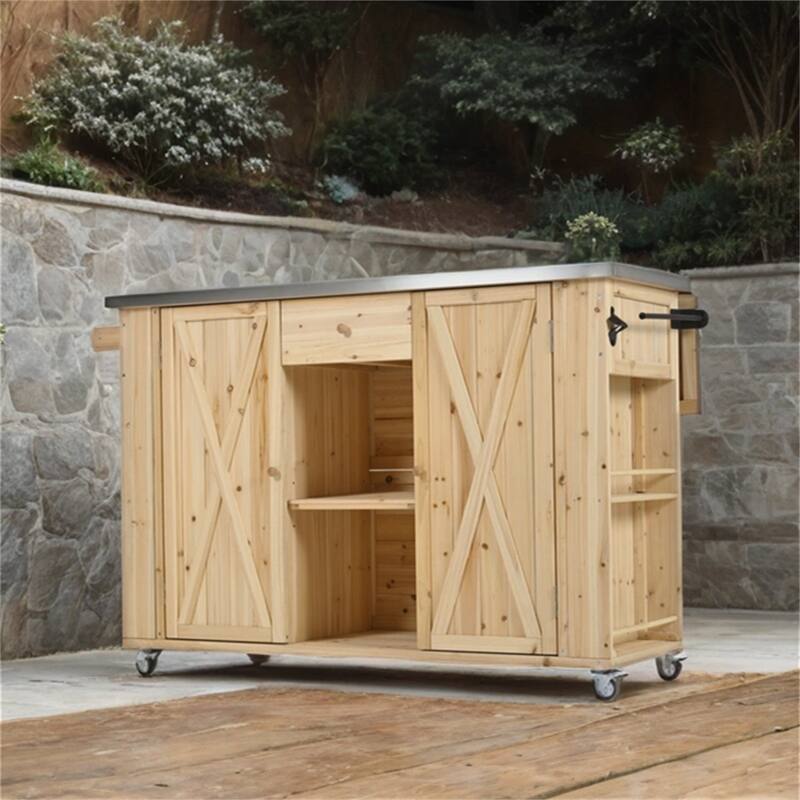 Outdoor Wood Kitchen Island w/ Stainless Steel Top,Towel,Bottle Opener