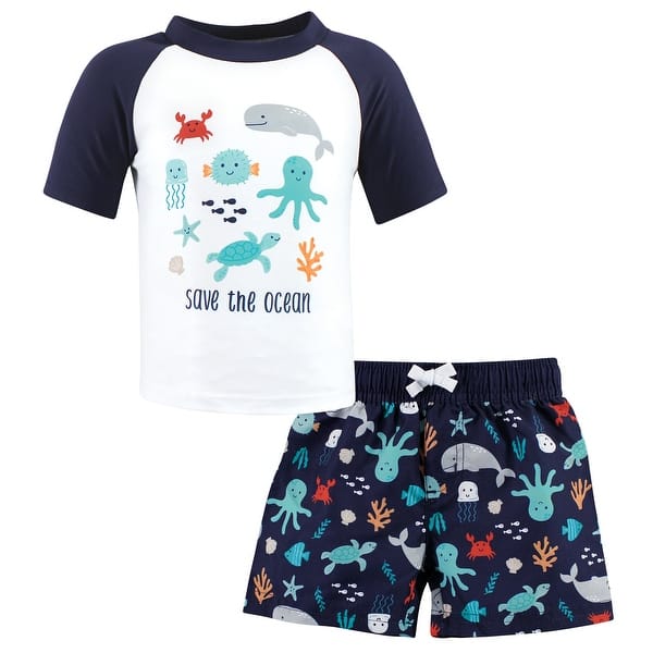 slide 1 of 1, Hudson Baby Boys Swim Rashguard Set, Sea Characters 12-18 Months - Sea Characters