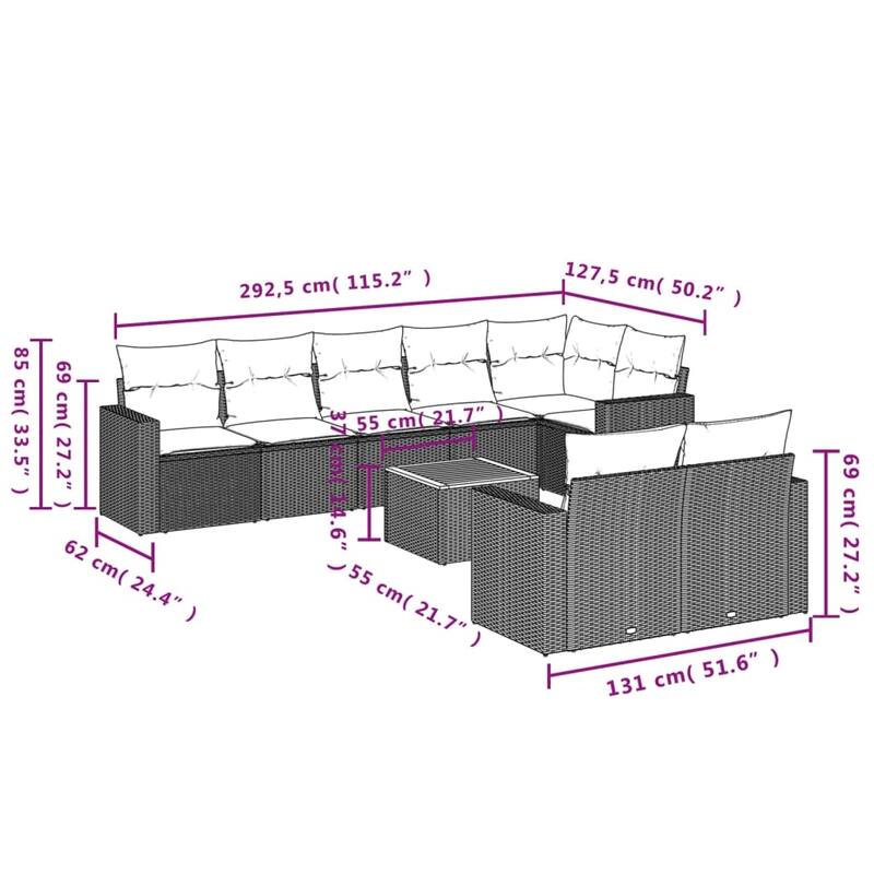 vidaXL Patio Sofa Set with Cushions Outdoor Furniture 9 Piece Poly Rattan - 21.7 x 21.7 x 14.6